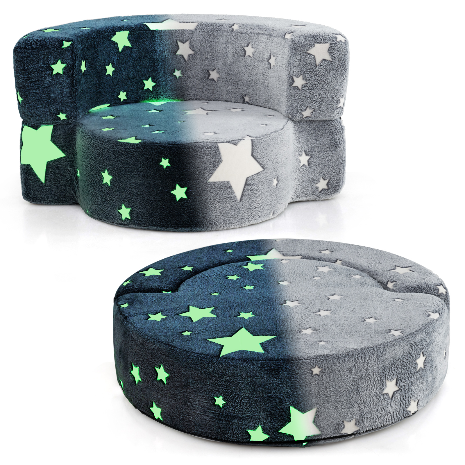 COSTWAY Kids Glow in the Dark Plush Couch 2-in-1 Convertible Sofa & Play Mat with Glow Stars, Machine Washable Flannel Cover, Soft Sponge Padding, ' Round Furniture, Bedtime Play Center