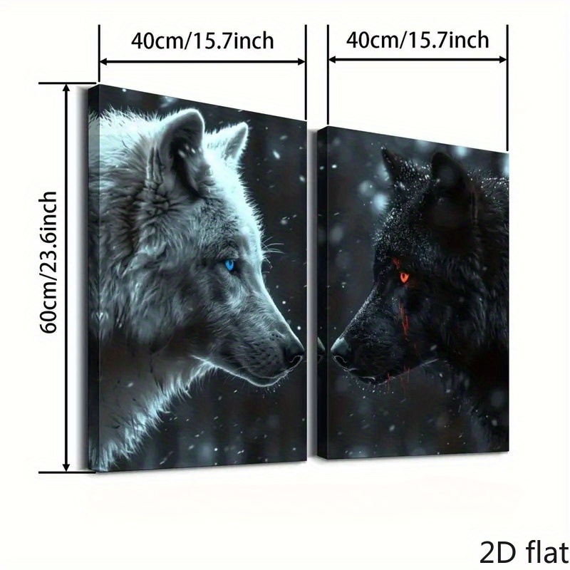 TEMU 2d Flat, 2d Flat, 2 Pieces Of Wolf Canvas Wall Art Prints, Black And White Portraits, Style Art Decoration, Ink Animal Prints, Suitable For Home