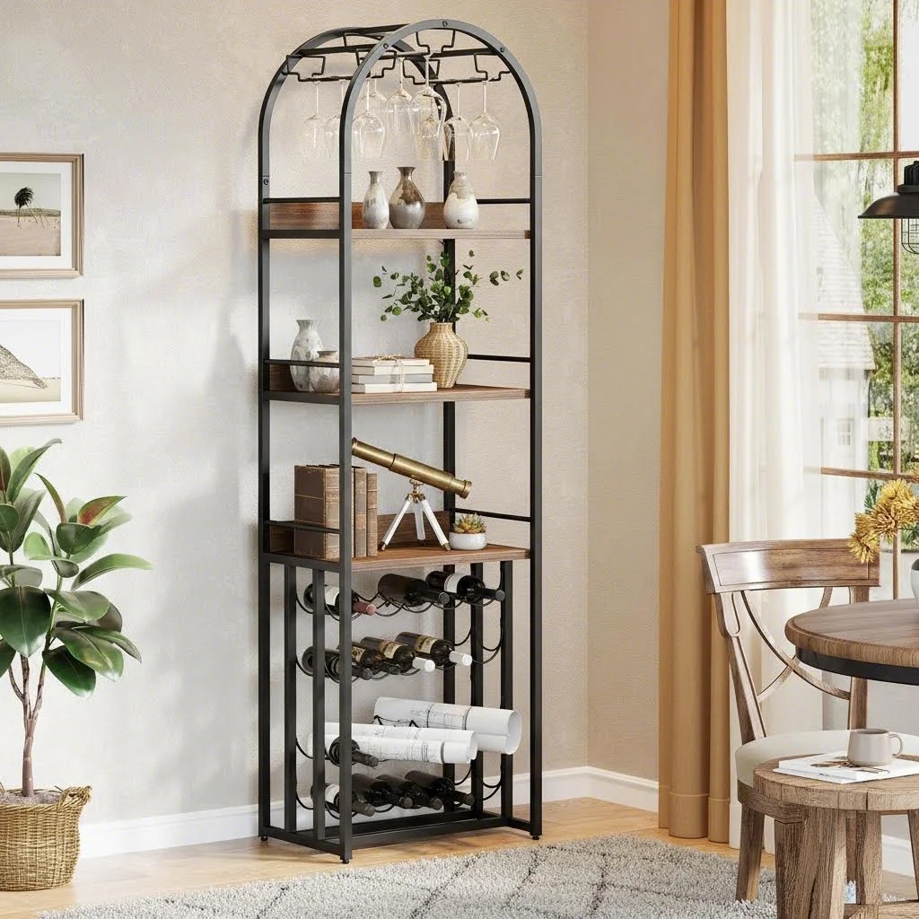 Wine Rack, Bottle Holder, Metal Stand With Glass Holder And Wine Storage For Cellar, Bar, And Storage Room, Tabletop Bottle Holder, 50 X 35 X 180cm, /black