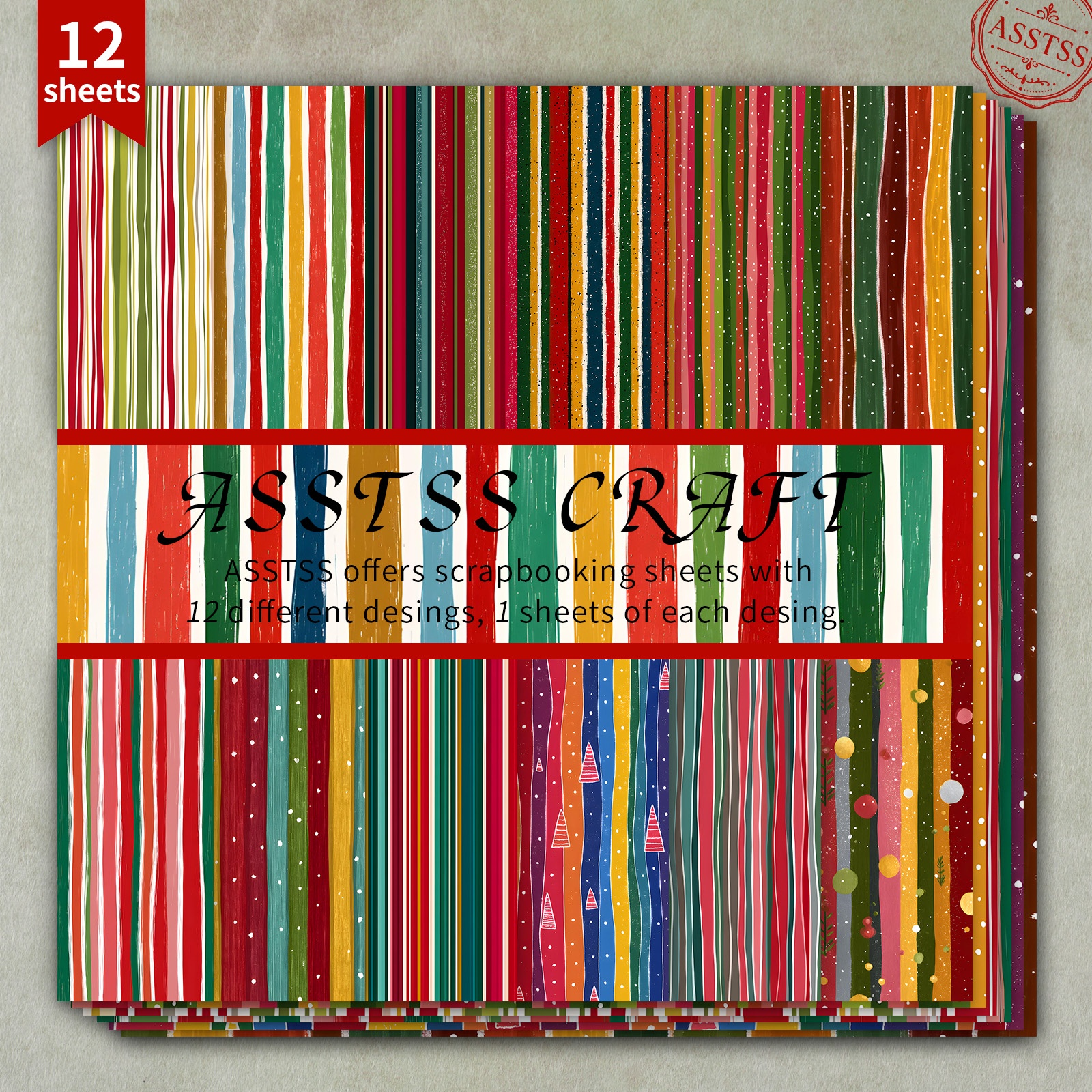 TEMU 12-sheet Asstss 6*6inch Scrapbooking Paper Pad,whimsical Christmas Stripes Polka Dot Style Backing Paper Supplies, Heavyweight Cardstock For