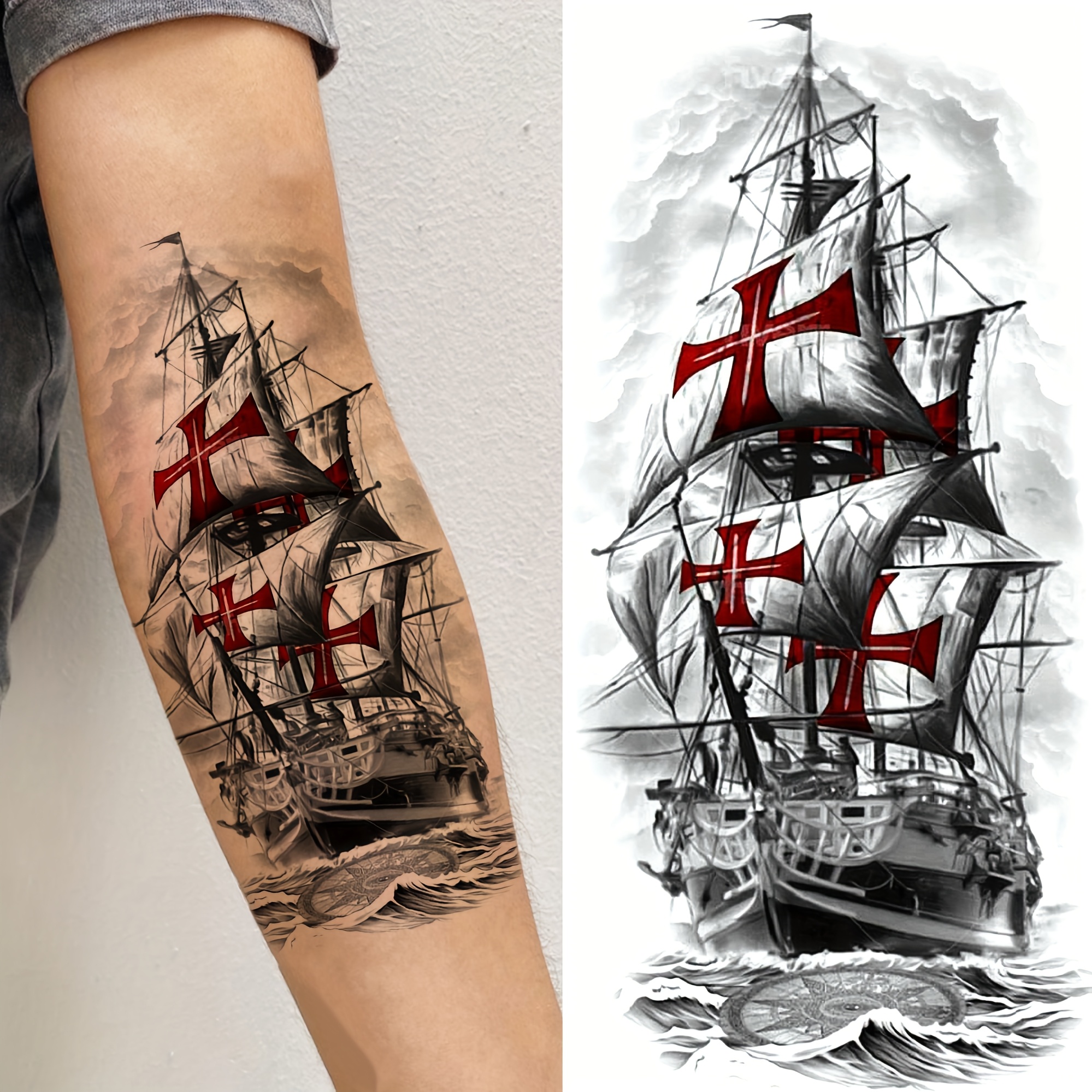 1pc Sailboat Temporary Tattoo For Women And Men, Adult Half-sleeve Arm Forearm Calf Thigh, Realistic Waterproof Long-lasting Fake Tattoo Sticker