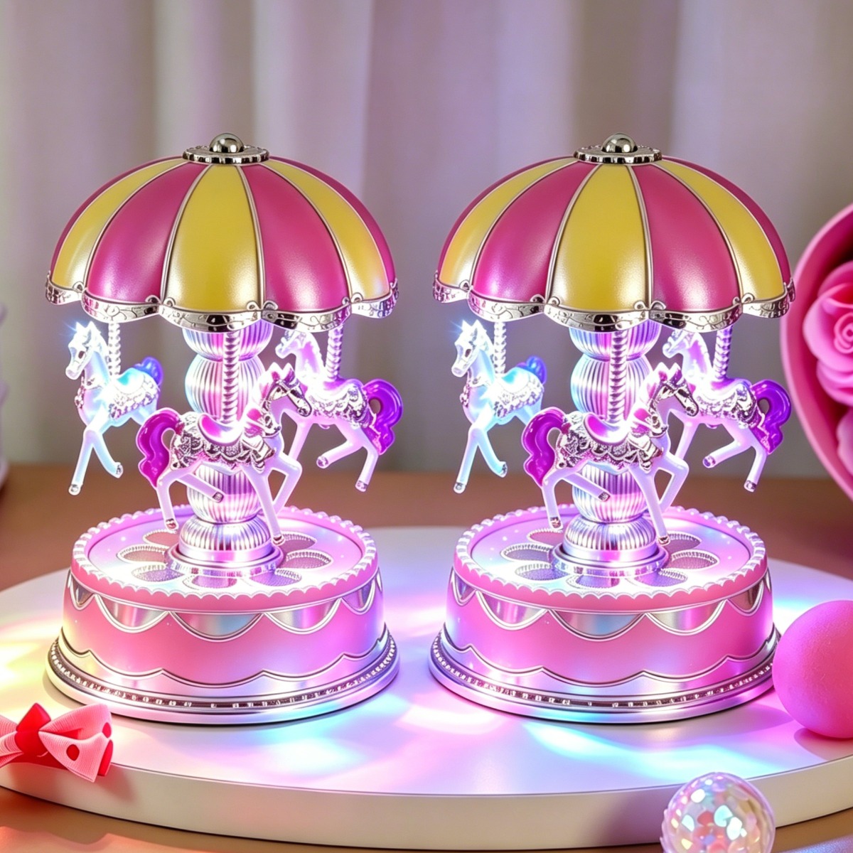 TEMU 2 Pack Carousel Music Boxes (pink/ Blue) - Elegant Hand-cranked Musical Ornaments Featuring Built-in Mechanical Lullabies, Bohemian Style, Home