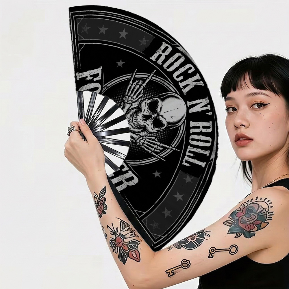 TEMU 1pc Heavy Metal & Grunge Folding Hand Fan Forever Printing Portable Handheld Cooling Fan For , Durable Plastic Fan For Music Festivals, Raves,