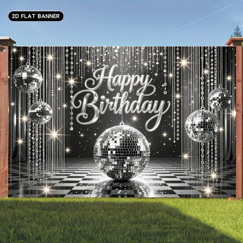 TEMU Bannière 2D Plate, 2D Plate - 2D Plate, 2D Plate - 2D Plate, 1pc Toile de fond d'anniversaire sur le thème du disco noir et argenté, Design de