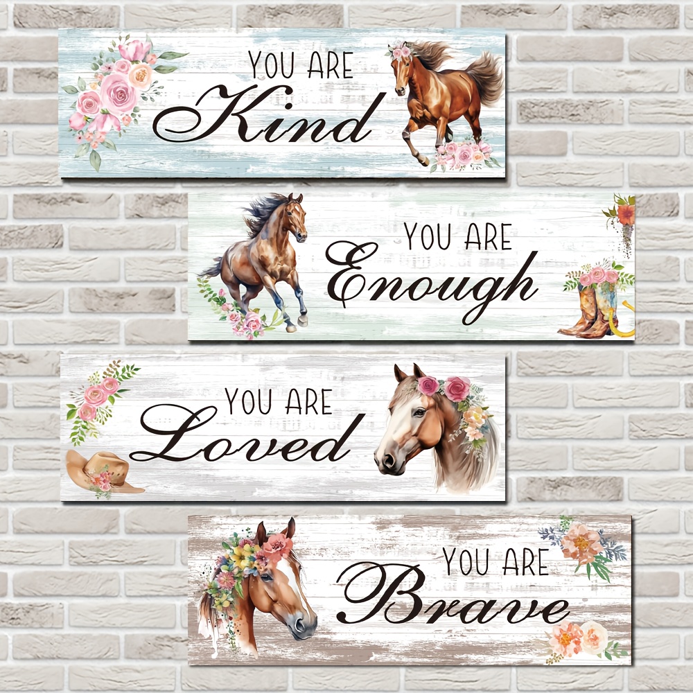 TEMU Un ensemble de 4 décorations murales en bois sur le thème du cowboy, ornées de peintures inspirantes de chevaux floraux avec des citations sur ,