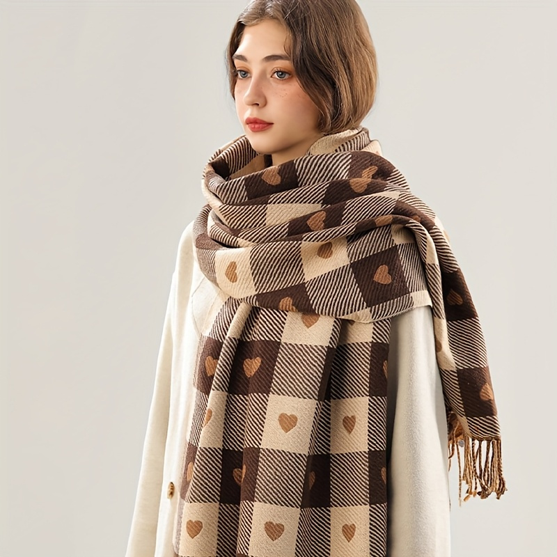 Women's Winter Scarf - Black and White Checkered with Golden Heart Pattern - Non-Stretch Elegant Shawl for Cold Weather - Suitable for Formal and Casual Wear - Vintage Fashion Accessory with Fringed Edges and Exquisite Craftsmanship