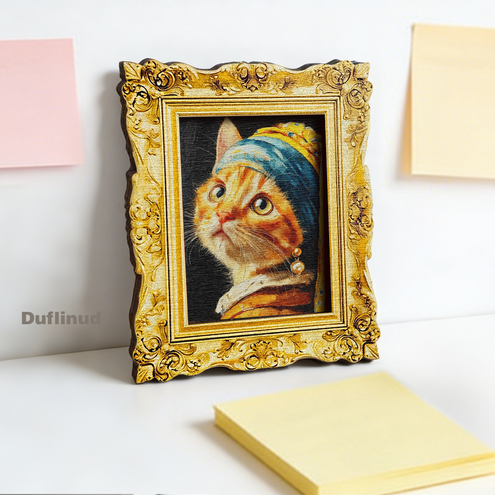 TEMU 1pc Wooden Artistic Style Fridge Magnet, Mini Decorative Painting, Cat With Pearl Earrings, Retro Oil Painting Style, Wooden Fridge Magnet,