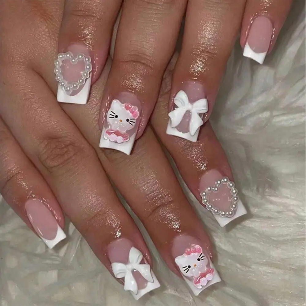 24pcs Short Square French Hello Kitty Fake Nails With 3d Kitty Hollow And Bow Nail Tips Nude Pink French Kt Cat Y2k Manicure Tips With Jelly Glue Nail Tips