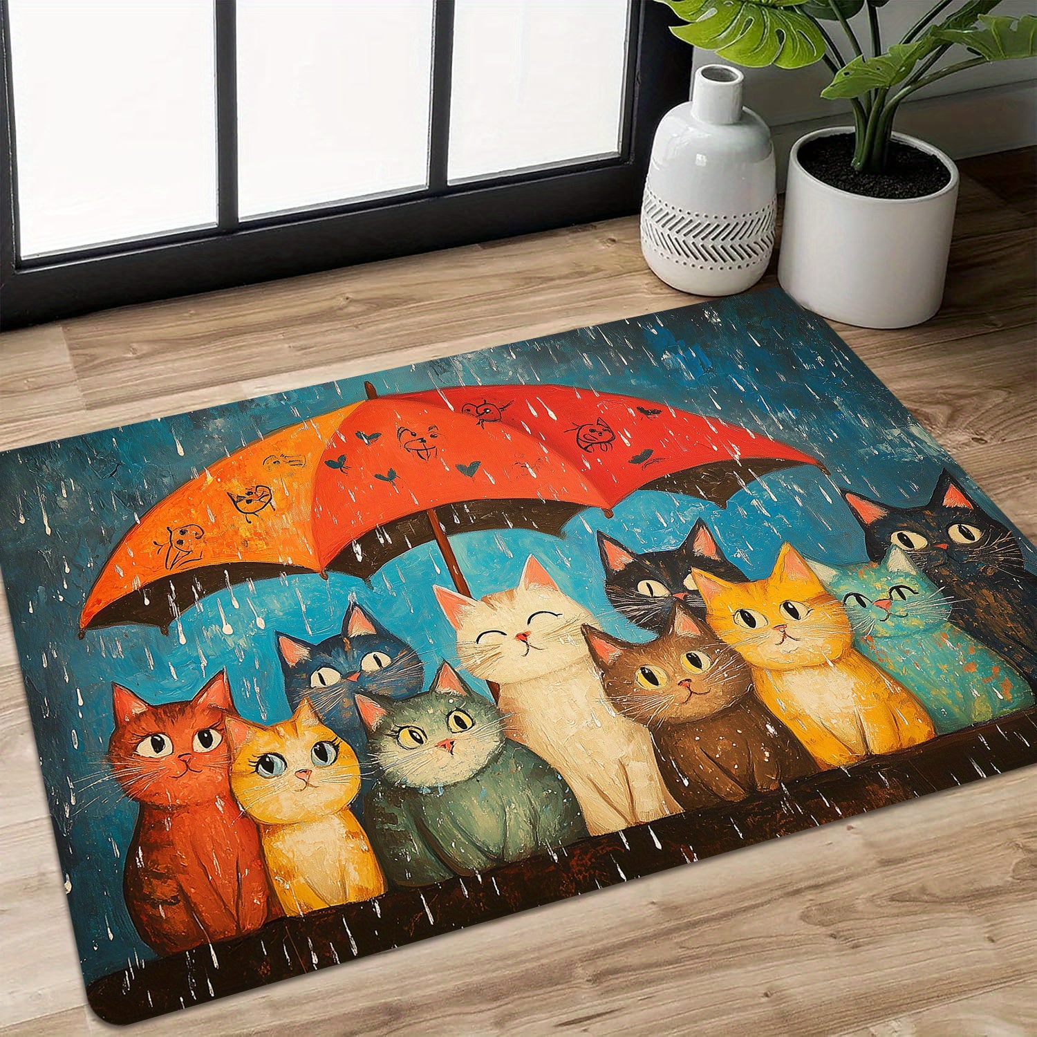 TEMU 1pc Colorful Cat With Umbrella Non-slip Floor Mat, Featuring A Warm Rainy Night Design, Easy To Clean, Suitable For Entryway, Bedroom, Bathroom,