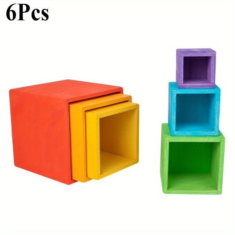 6pcs/ Set Storage Boxes High Quality Wooden Stacked Bowls For Book Storaging, Collections Display, Files Organization | Creative Building | Multicolor Desktop Ornament