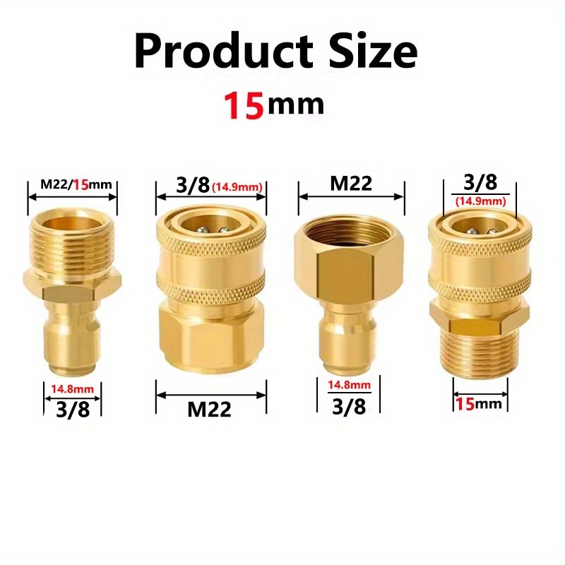 E-shop 4-teiliges Hochdruckreiniger Schnellanschluss-Set, M22-15mm Gewinde zu 3/8 Zoll Schnellanschluss Schlauchverbinder