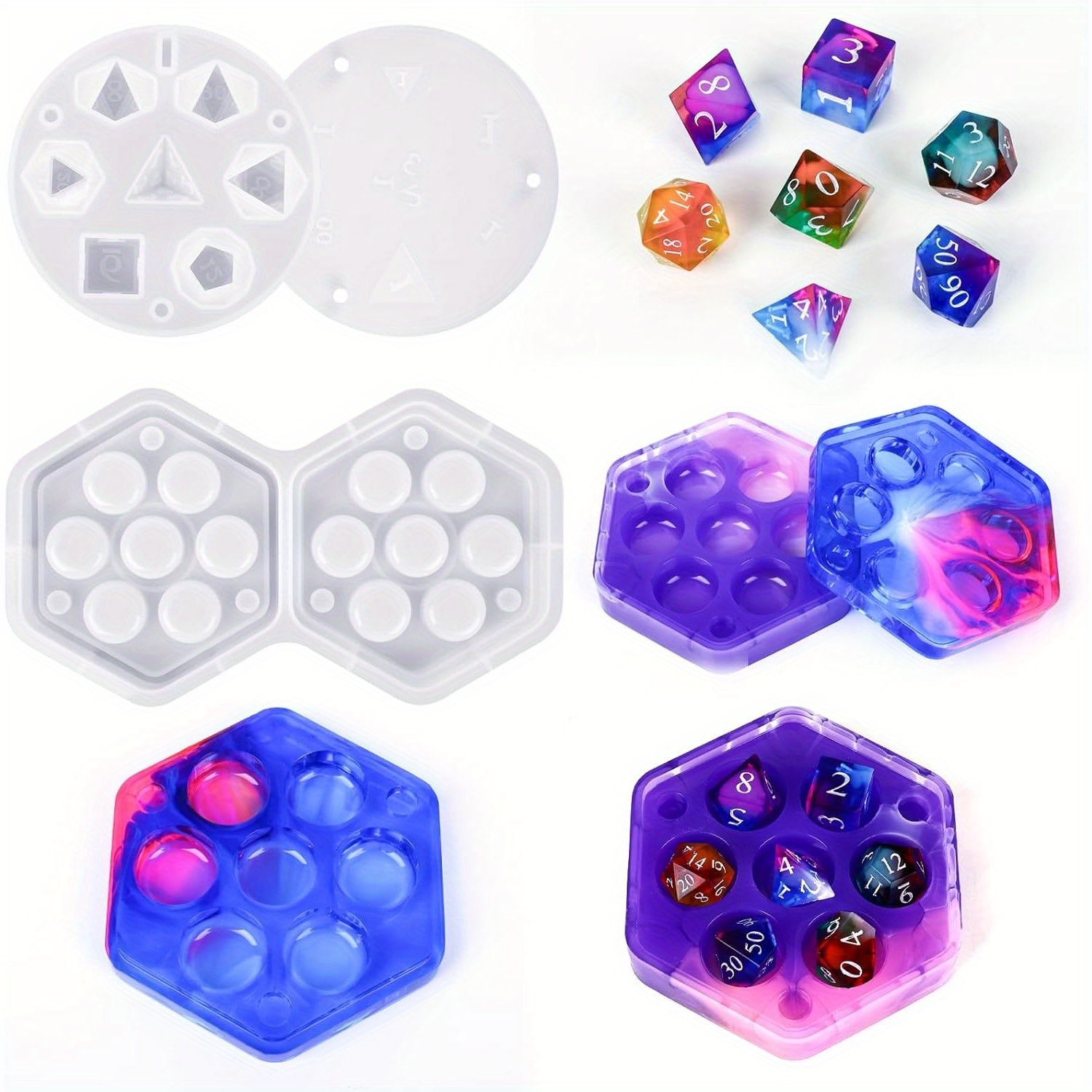 TEMU Silicone Resin Molds - Epoxy Resin Molds With 7 Standard Dice Cavities, Dice Organizer And Making Kit For Table Board Games