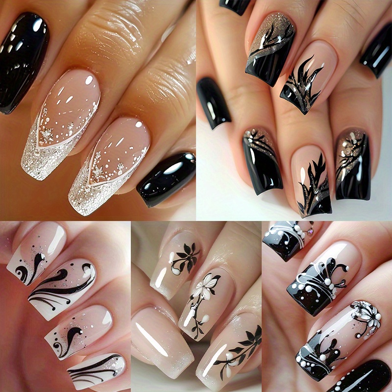 TEMU Set Of 120pcs (5 Packs) Of Short Square Fake Nails Featuring White Floral Designs, With Glitter And Rhinestones. Full-cover Stick-on Nails A