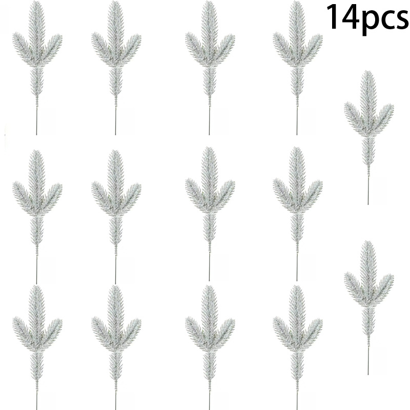 TEMU 14pcs Christmas Decoration Artificial Flowers, 3-prong Flocked Snow-covered Artificial Pine Needle Branches, Holiday Decorative Artificial