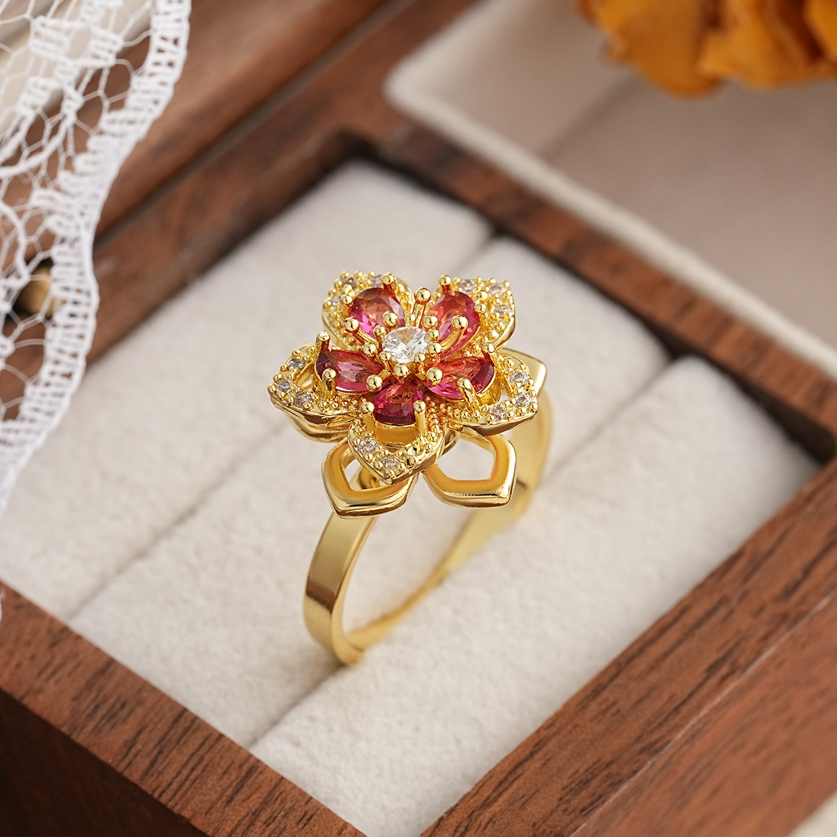 women   steel 360° rotating color-changing flower ring - luxury   (purple, green, pink, red, clear -accented) with rotatable center, everyday & party jewelry gift for birthdays, christmas,   - durable & affordable rotatable design,   wear, elegant statement piece for women Product details 4