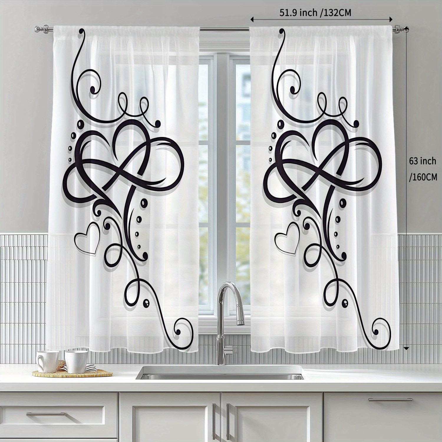 TEMU 2-pack Semi-transparent Polyester Rod Pocket Curtains, Heart – Suitable For , Ideal For Kitchen, Living Room, Bedroom, Dining Room, Studio, Or