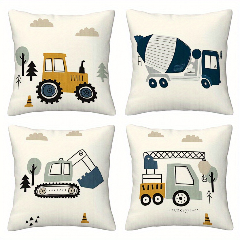 TEMU Set Of 4 Cartoon Construction Vehicle Pillow Covers - Featuring Adorable Cars With Intricate Designs, Polyester Cushion Covers With Zippers Are