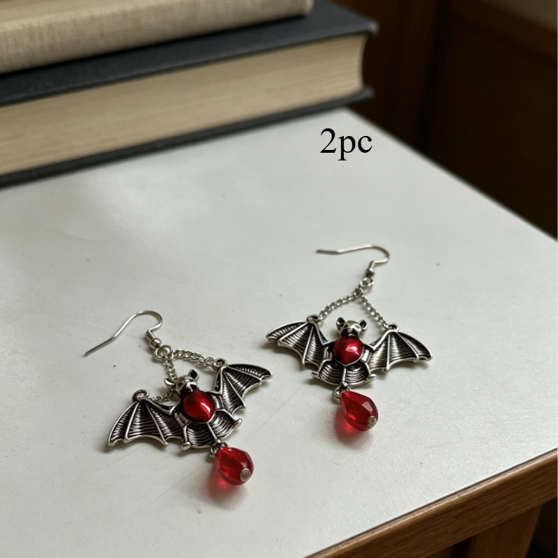 TEMU 2pcs Gothic Style Halloween Red Drip Oil Bat Teardrop Pendant, Suitable For Halloween Party Gifts, Women's Fashion Dangle Earrings