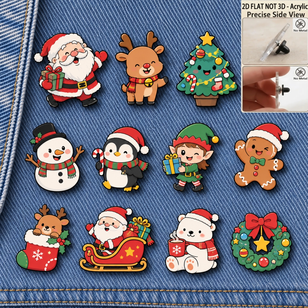 TEMU 2d Flat, 2d Flat Not 3d 11pcs Santa Claus Badge Pin Set, Fun Christmas Acrylic Pin Badge Additions Including Christmas Tree, Snowman, Reindeer,