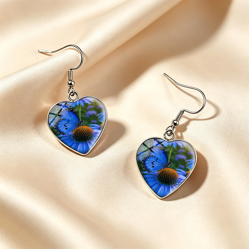 3pcs Handmade Blue Morpho Butterfly & Purple Coneflower Jewelry Set