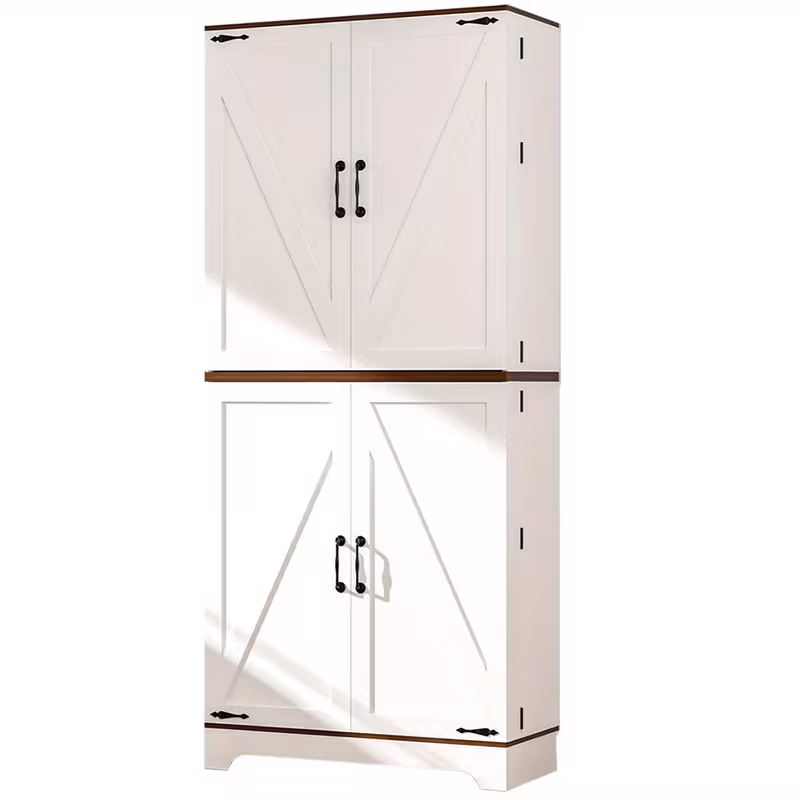 75" Tall White Farmhouse Storage Cabinet with Adjustable Shelves - Rustic Wood Pantry Cupboard for Kitchen, Bathroom & Dining Room