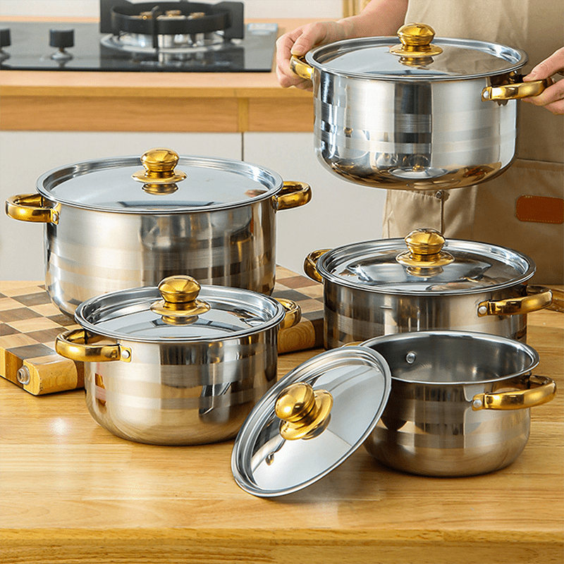 TEMU Set di pentole in acciaio inossidabile da 10 pezzi, pentole da cucina in acciaio inossidabile, 5 pentole e 5 coperchi, manici doppi in acciaio