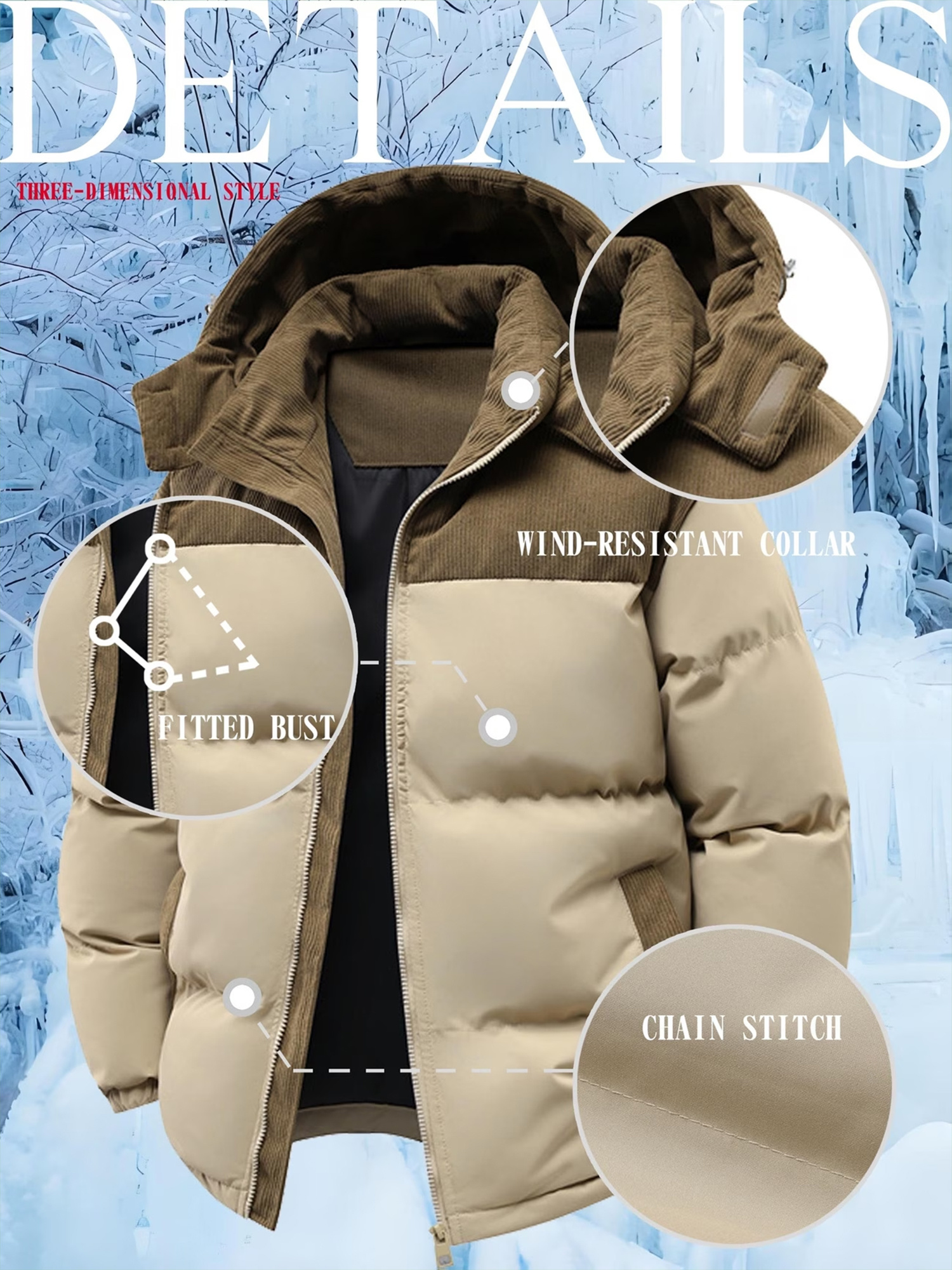 Men's Winter Hooded Corduroy Jacket with Mountain Pattern Print