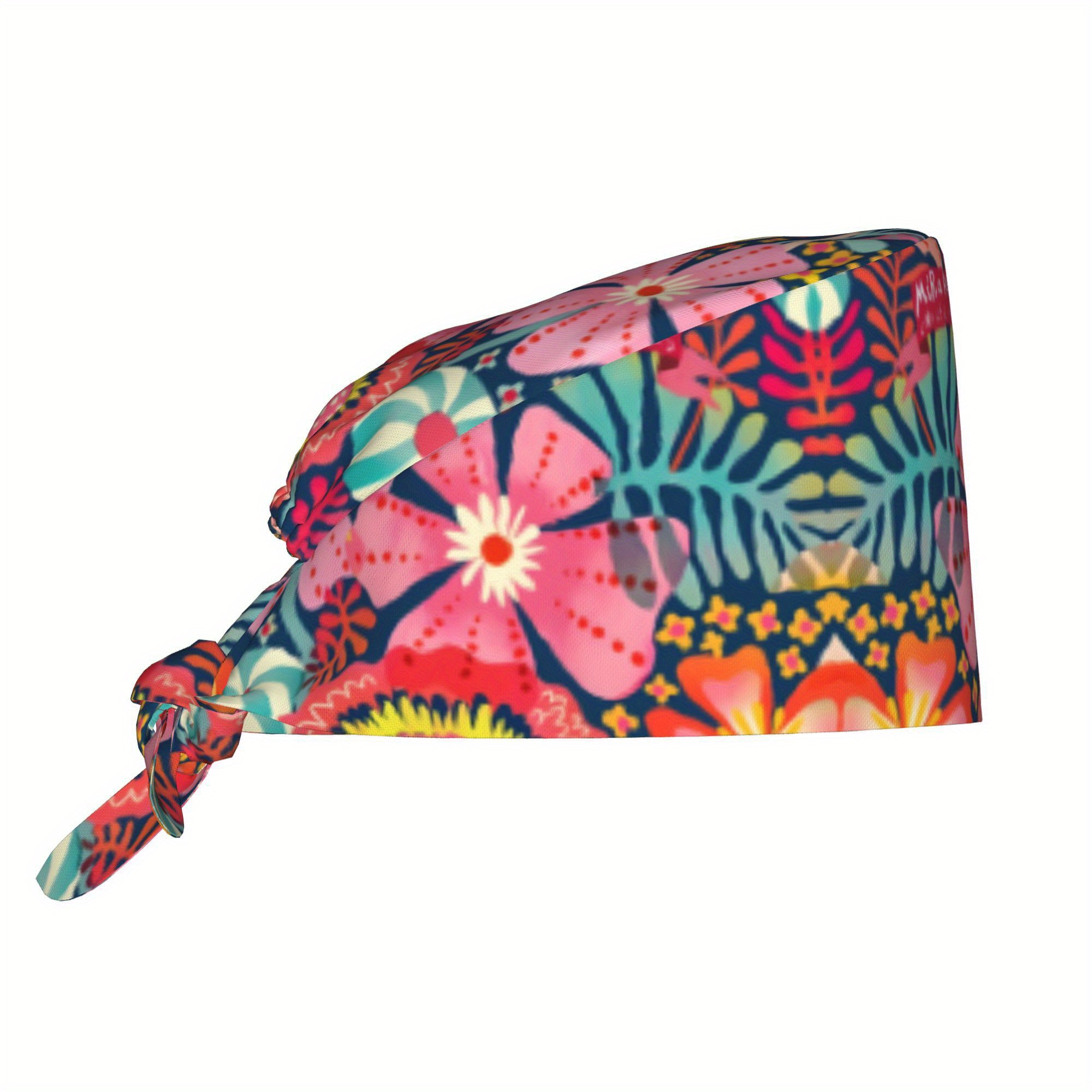 TEMU 1pc Tropical Floral Print Adjustable Back-tie Nurse & Chef Hat - Lightweight Unisex Work Hat For , Vibrant Cartoon Design, Perfect Gift For