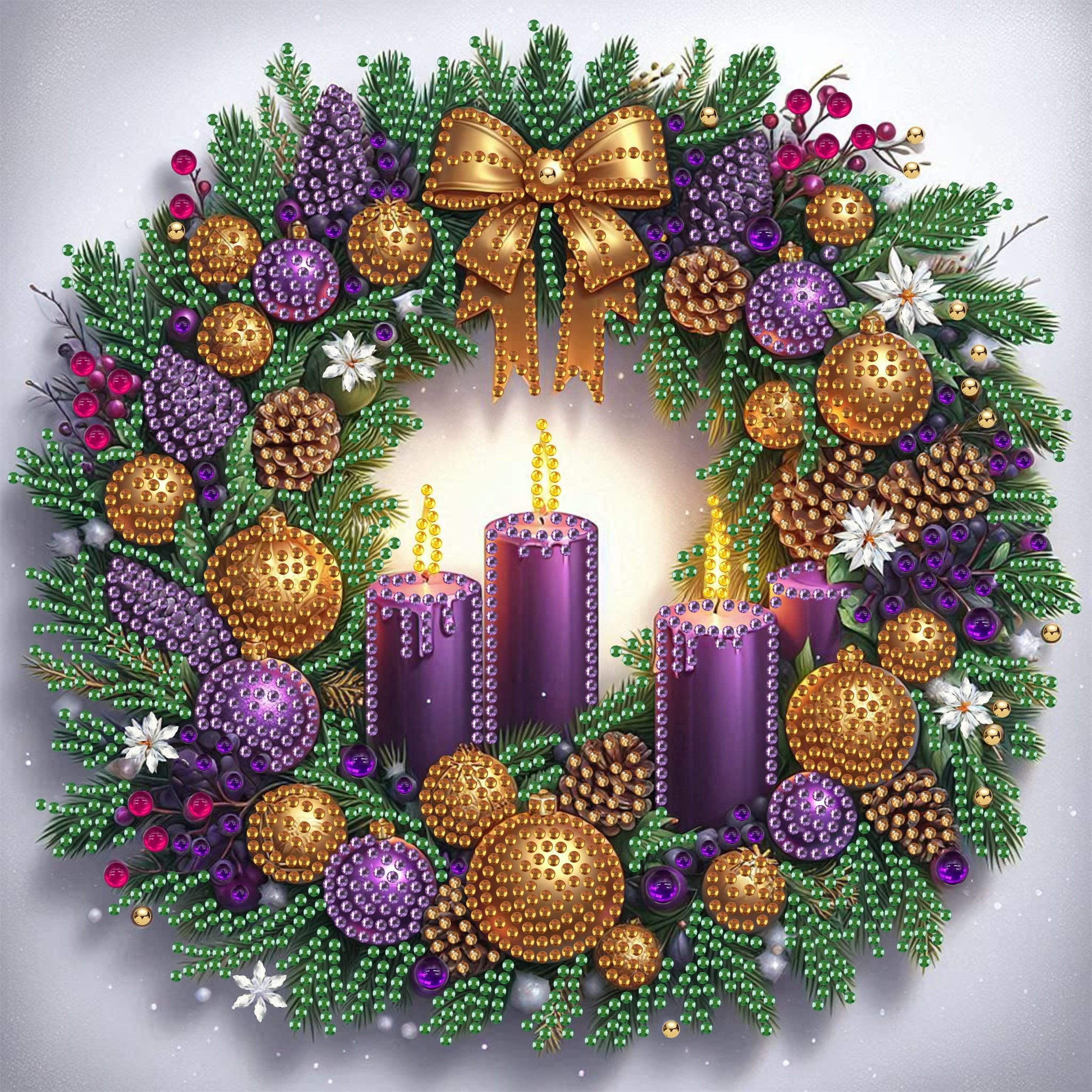 Image of 5d Diy Christmas Candle Wreath Kit - Round Crystal Mosaic Craft, Suitable For Home And Office Wall Decor, Perfect Gift Idea