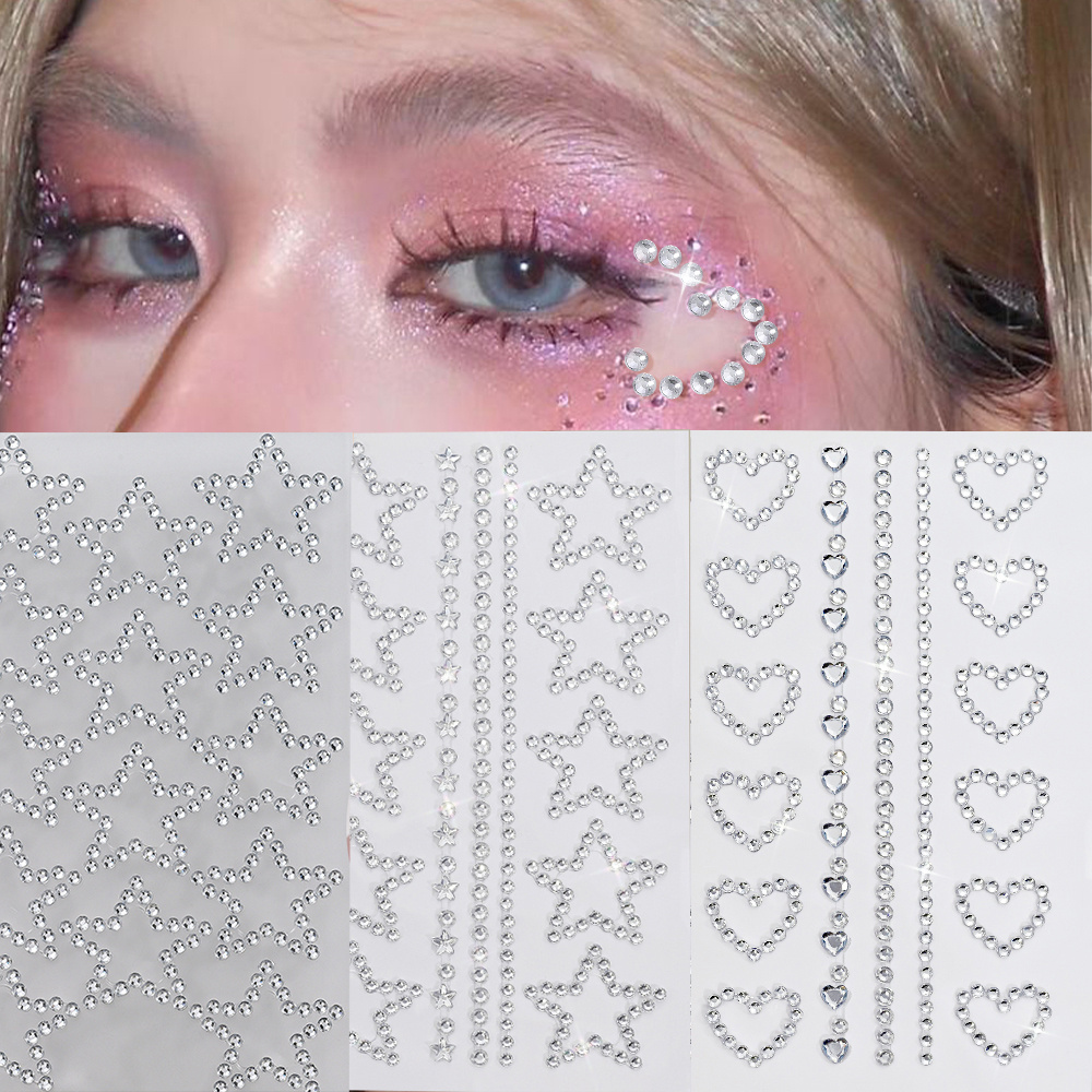 TEMU Lot de 3 autocollants strass auto-adhésifs d' et de cœur transparents pour visage, yeux, corps, perles rondes, pour décoration de maquillage de