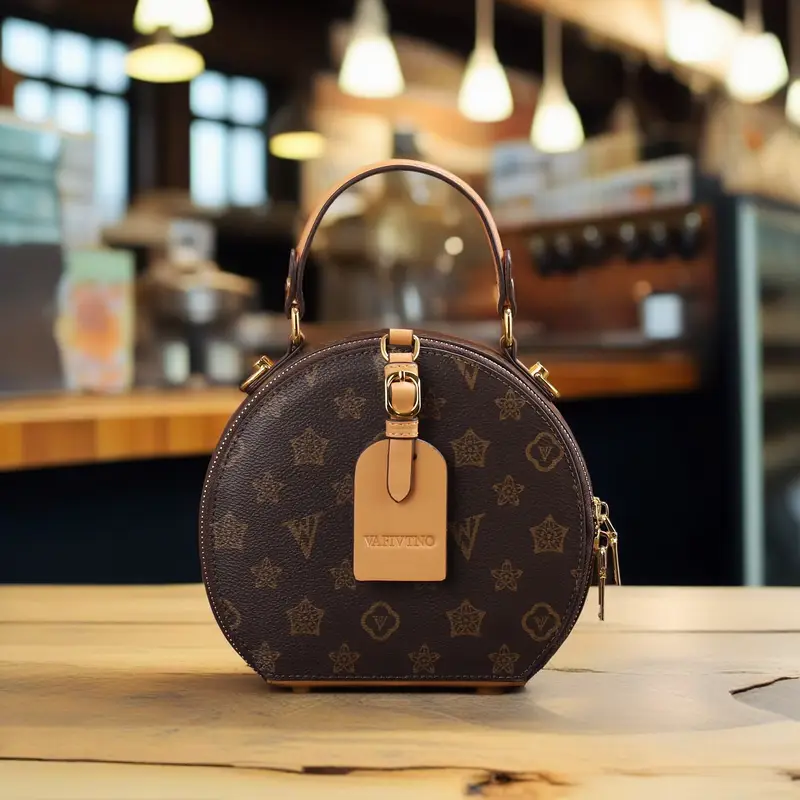 vintage floral print round handbag for women elegant detachable strap zipper closure polyester lined white leather like material with hardware and decorative tag Product details 0