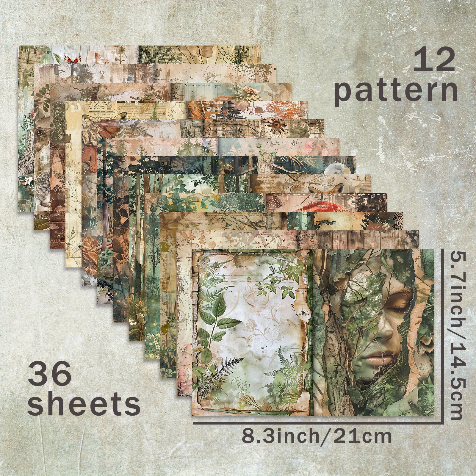 TEMU 36 Feuilles de Papier à Scrapbooking A5 (Style Forêt Rétro avec Animaux, Fleurs et Plantes en Fond), Adapté pour , Magazine Poubelle,