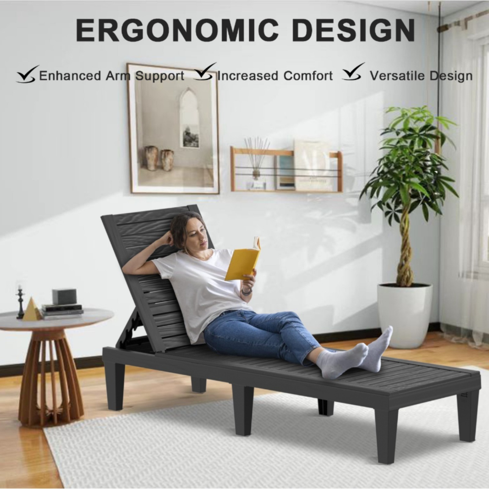 Outdoor lounge chair with foldable and stackable design and ergonomic armrests, suitable for outdoor leisure chairs such as poolside, backyard, balcony, etc. It is a perfect holiday gift and durable garden furniture.