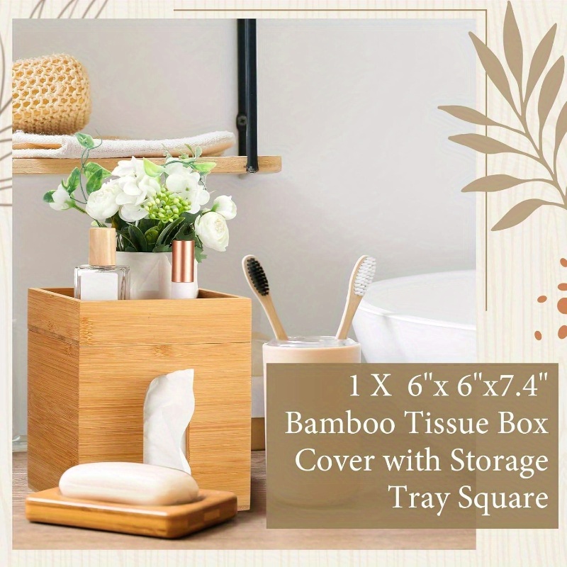 bamboo tissue box cover with storage tray 6x6x7 4 inch decorative cube organizer natural wood tissue holder for office bedroom home decor gift Product details 2