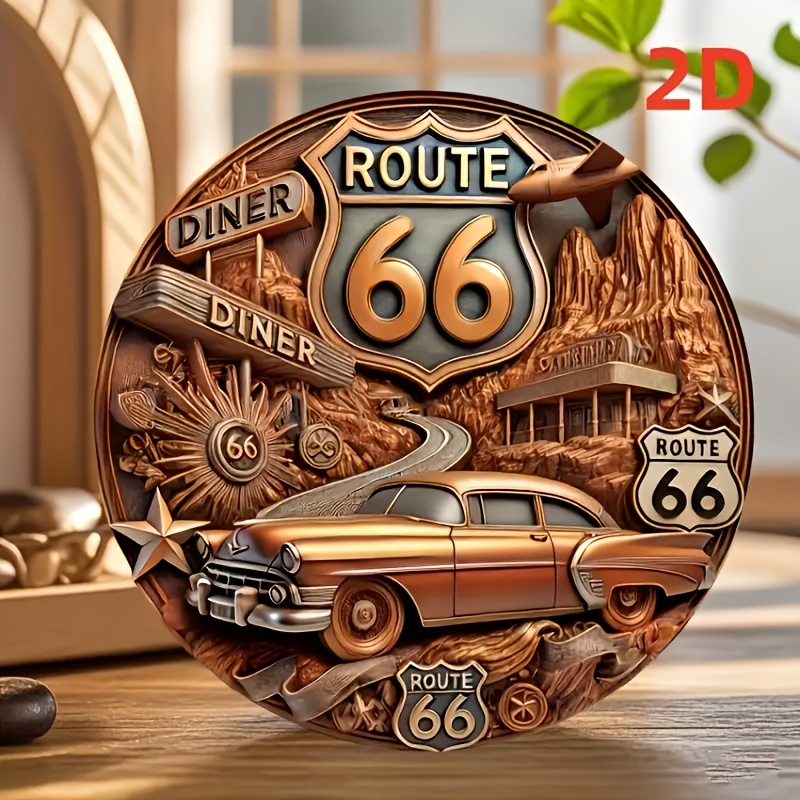 TEMU 2d Flat - 1pc Vintage Wooden Wall Hanging Art Sign - 19.81x19.81 Cm, Rustic Decor With Classic Car And Desert Landscape Design, Durable Outdoor