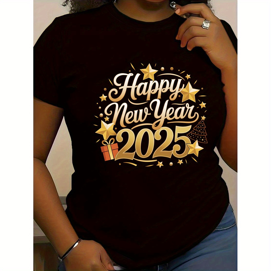 

Happy New Year 2025" - Golden Glitter Graphics, Casual Round Neck, , Drop Shoulders, Loose Fit, 100%, , Happy New Year Shirt