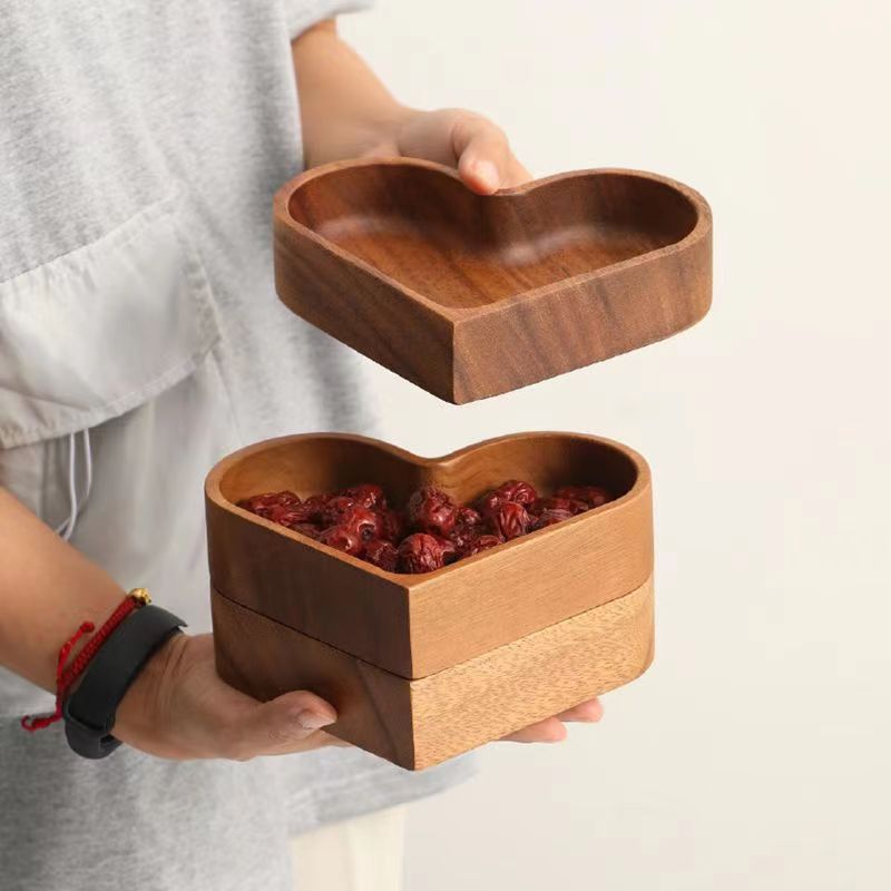 Heart-Shaped Candy Box | Wooden Stackable Candy Tray, Solid Wood Fruit Plate, Nut Tray, Creative Walnut Wood Tray