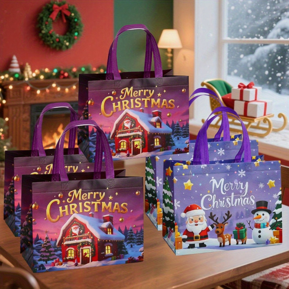 Image of 5pcs Christmas Tote Bags With Handles, Non-woven Gift Bags, Storage Bags, Shopping Bags, Essential Christmas Bags | Reusable