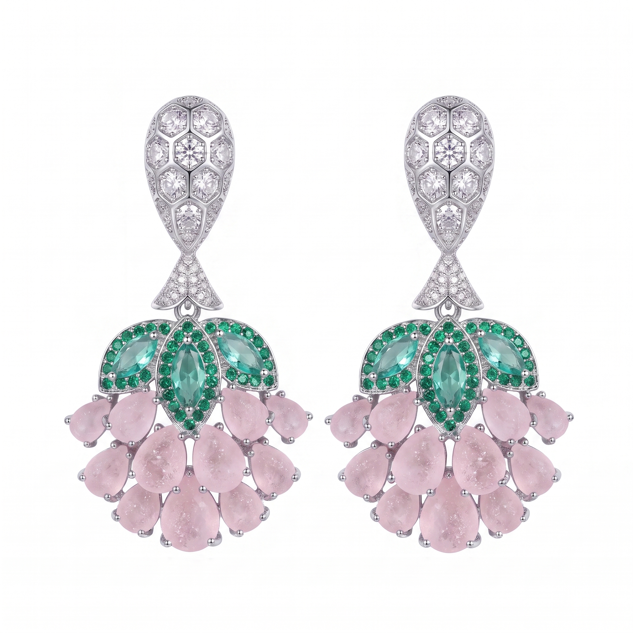 TEMU 1 Pair Women's Fashion Drop Earrings, Luxurious Style, Light Green And Light Pink Tassel Floral Copper Inlaid Synthetic Zirconia, Suitable For