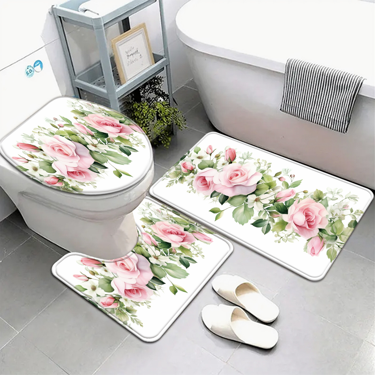TEMU バスマット カントリースタイル バスマット トイレ蓋カバー＆ラグ 浴室装飾 U字型フッ