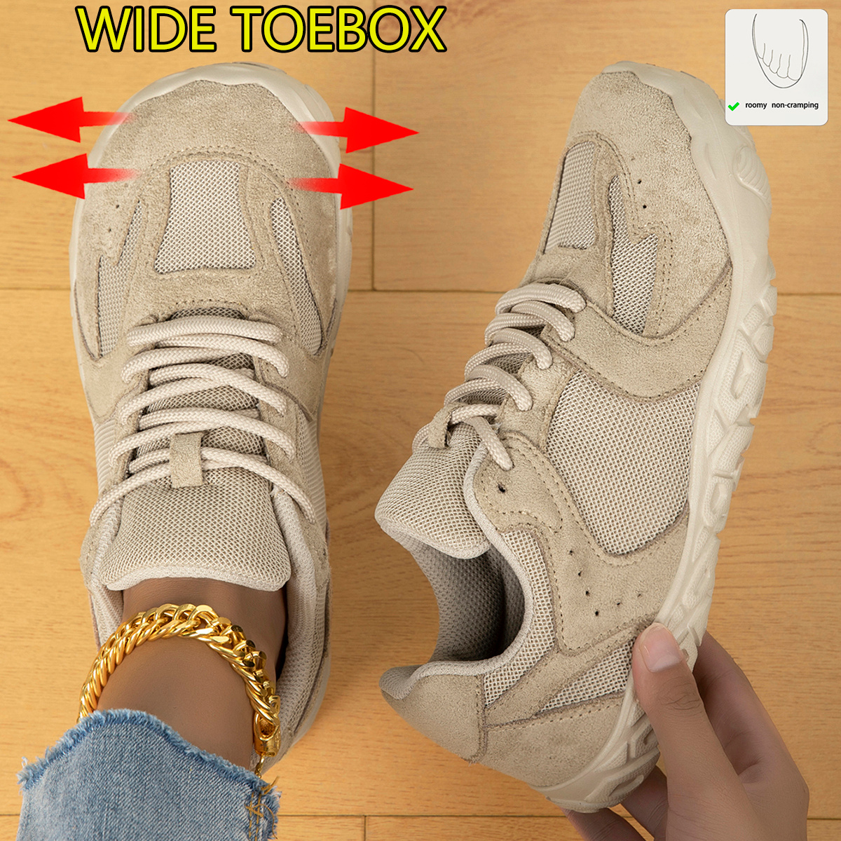 TEMU Sneakers, Vintage -toe Spliced Mesh Casual Shoes, Breathable Lace-up Flexible Soft- Shoes For Long Hours Without Fatigue, Versatile Outdoor