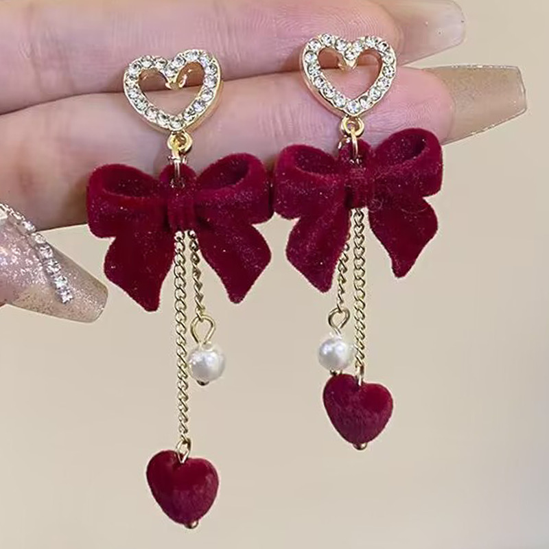 E-shop 1 Paar Elegante Schleife Herz Quaste Anhänger Ohrringe, Festliche Quaste Ohr Schmuck, Leichter Luxus Temperament Stil Vintage Ohrstecker,