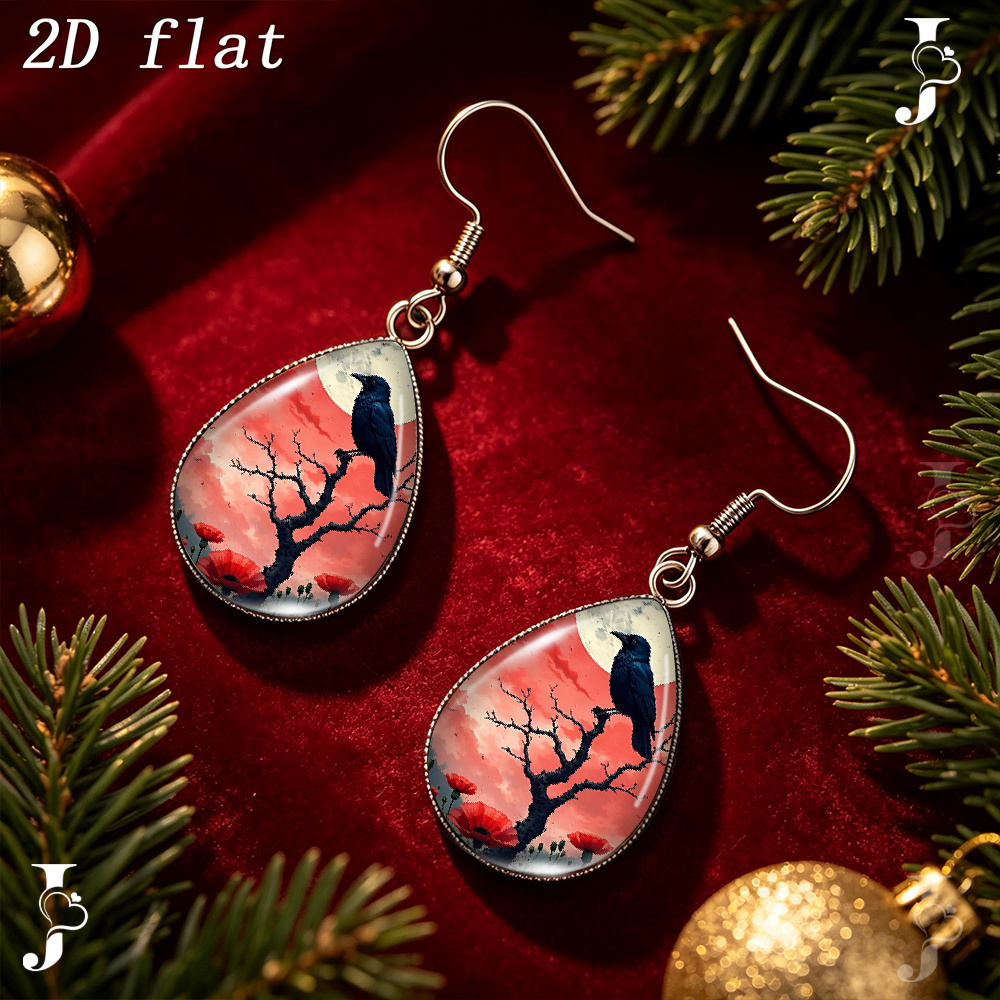 Teardrop Dangle Earrings with Crow Dead Tree Red Poppy Pattern