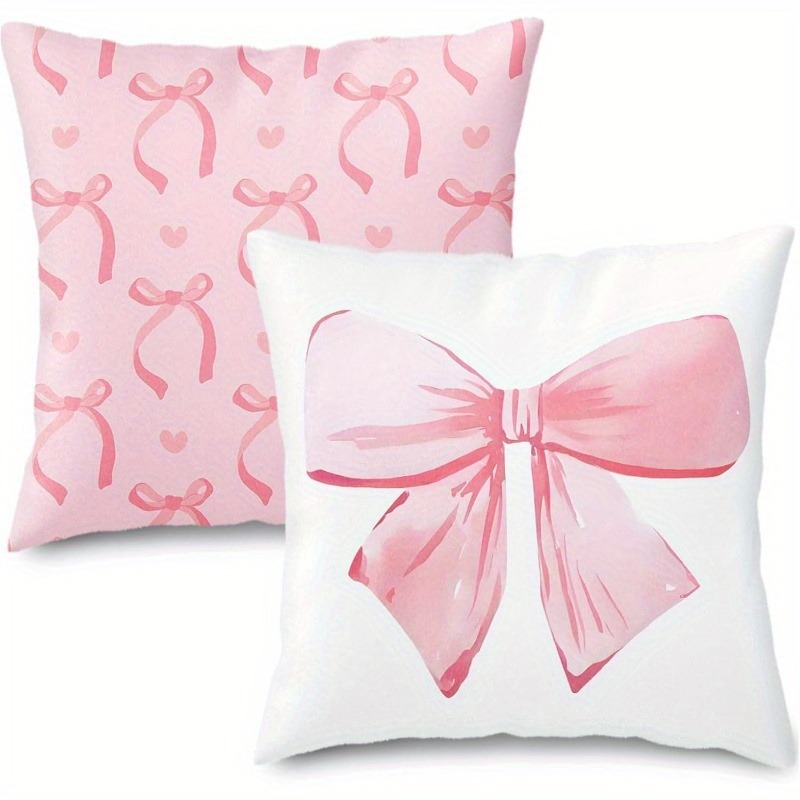 TEMU 2pcs "Girly Heart Sniping" Impression d'art aquarelle avec nœud, doublure mignonne et cool, impression simple face, taie d'oreiller pour canapé,