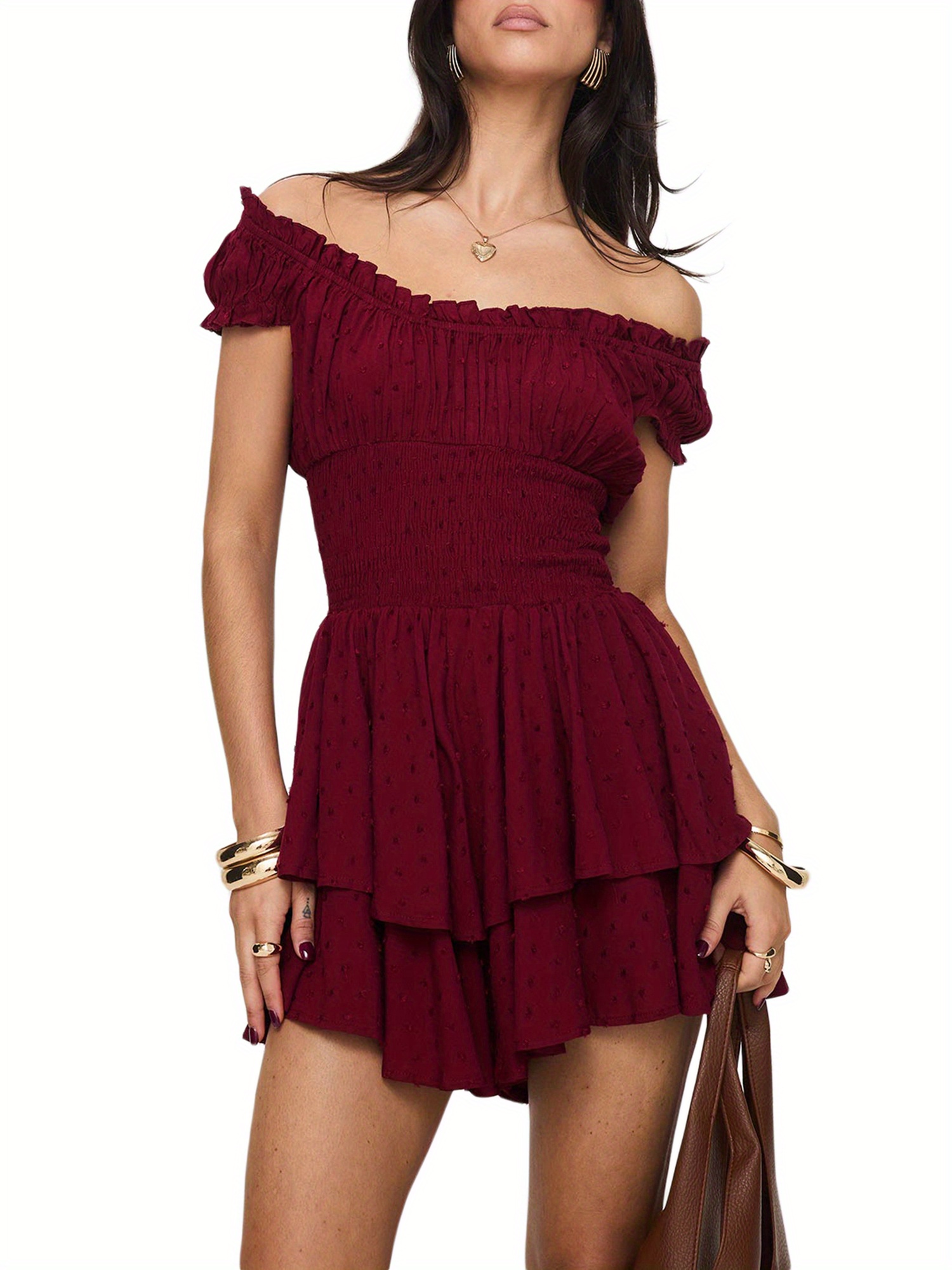 women short sleeve dress solid color ruffle off-shoulder party dress with  shorts jumpsuit beach streetwear | Shop Trends | Temu