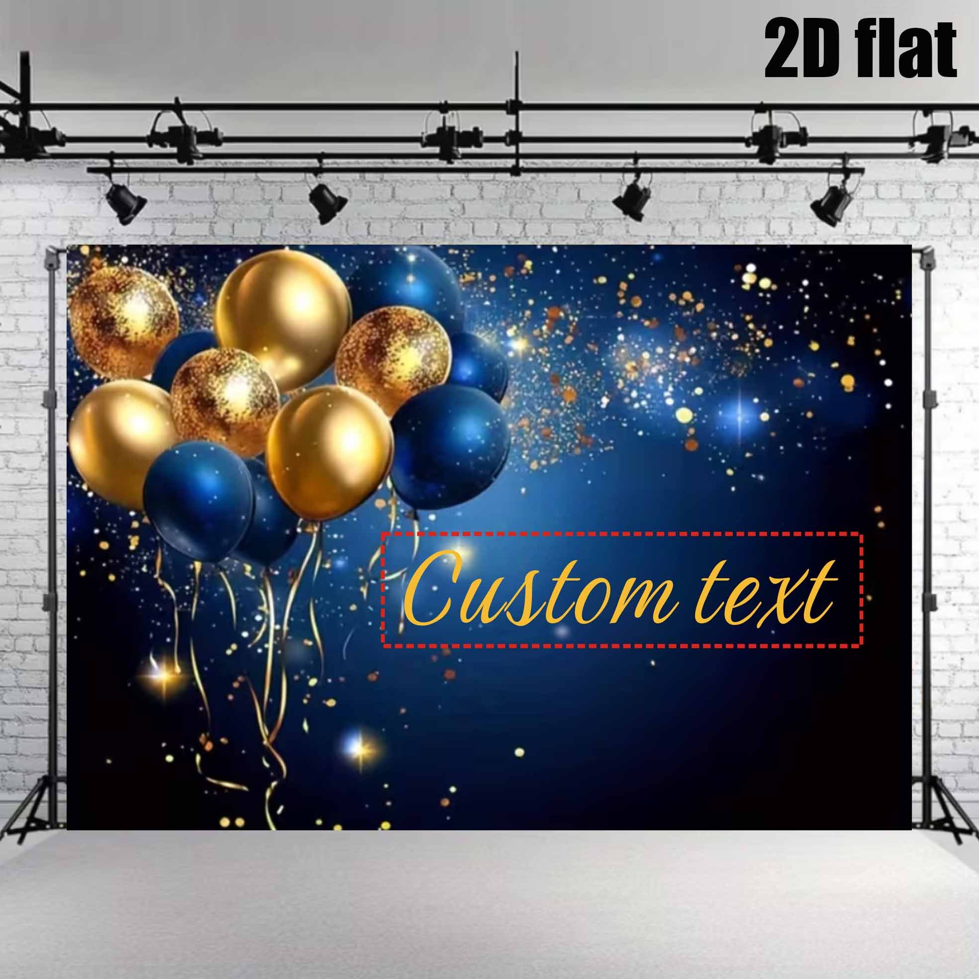 TEMU 2d Flat, 1pc 2d Party Flat Banner, Personalized Self- Text Blue And Banquet Theme Vinyl Backdrop With Balloon Ribbon And Golden Glitter ,