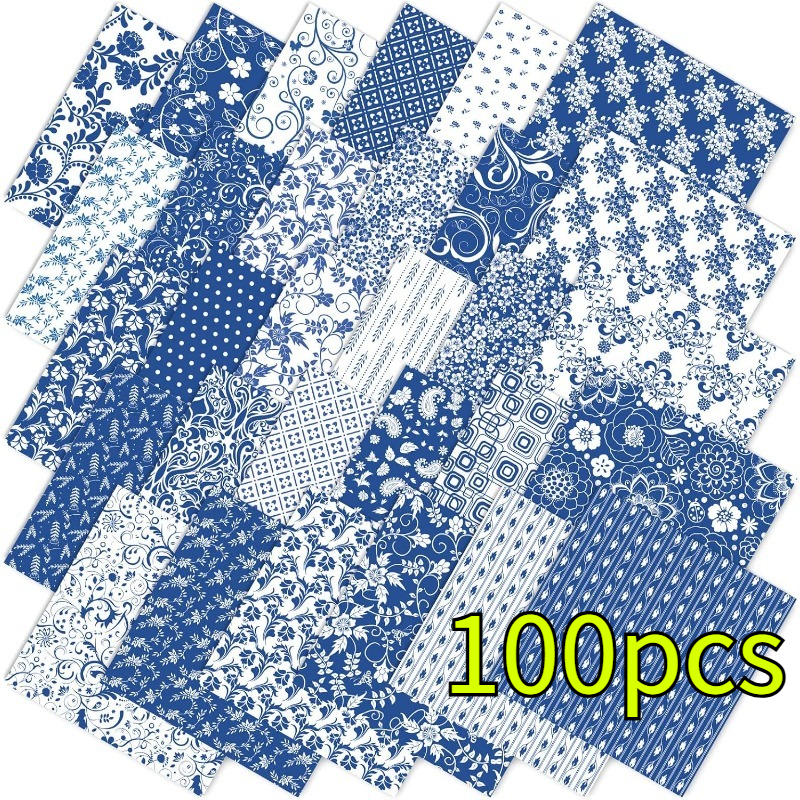 TEMU A Collection Of 100pcs Of Fabric Measuring 10x10 Cm (3.9x3.9 Inches) Featuring A Blue And White Print Series. This Hand-printed Fabric Is