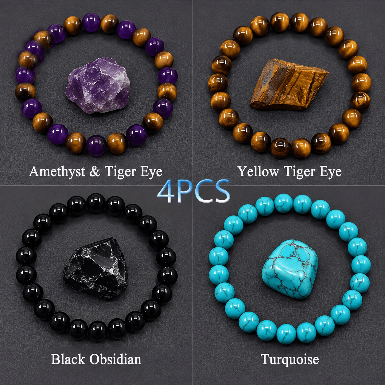 TEMU Lot de 4 bracelets en perles d'œil de tigre naturel, style bohème avec perles multicolores (jaune, violet, noir, turquoise) - Bracelets