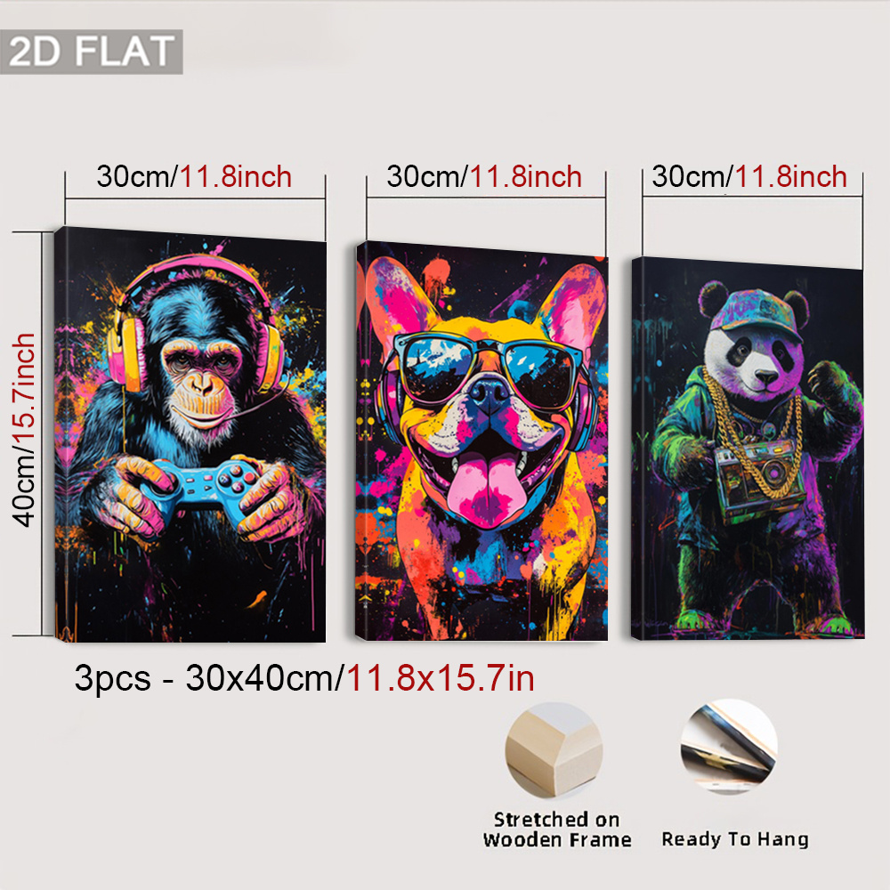 TEMU 3pcs Framed Vibrant Pop Art Animals | Colorful Spray Paint Art Wall Art, Graphics Canvas Paintings Decorations, Design Wall Arts, Chic Posters,