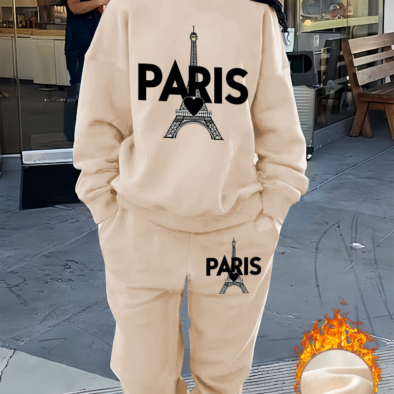 

1 Set Women's Casual Paris Letter Print Fleece Sweatshirt And Pants Set, Round Neck Knitwear, Polyester 100%, All